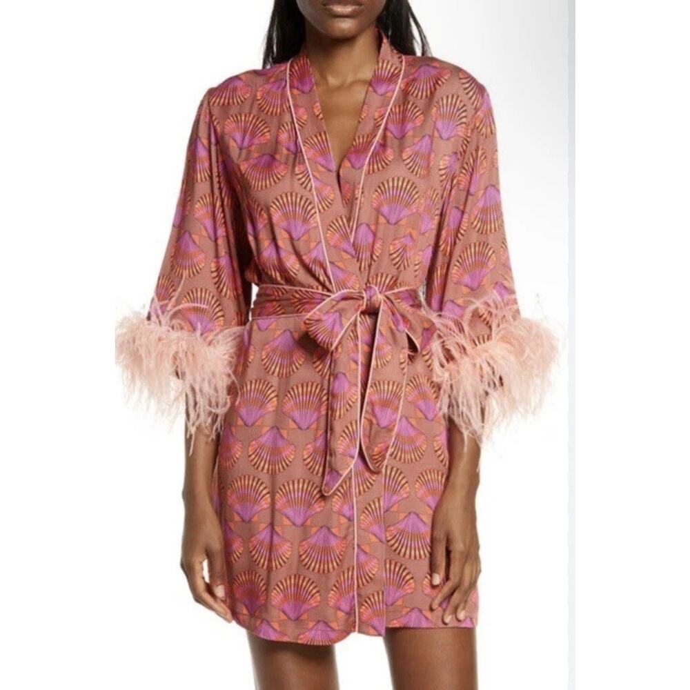 Elegant Pink Feather-Trimmed Robe